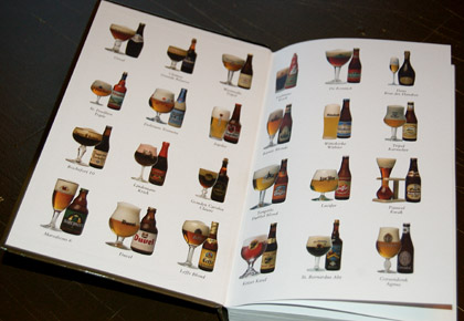 The book's inside cover, plastered with pictures of beer