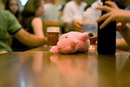 Cute little piggy, trying to steal some beer